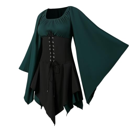 QEKFDOV Renaissance Elfen Kostüme Kleid,Mittelalter Kleid Mit Trompetenärmel,Karneval Halloween Cosplay Gothic Retro (E, S)