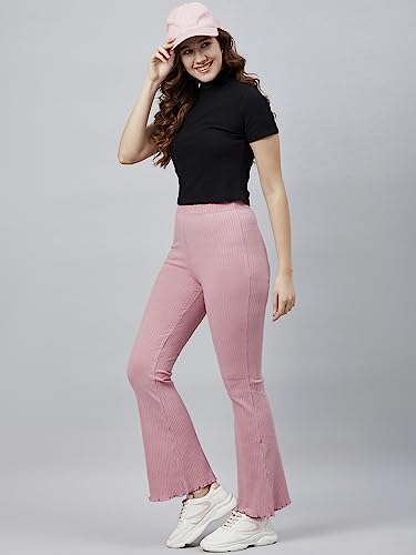 Image of BLINKIN Women's Stretch Fit Mid Rise Ribbed Stretchable Flared Pants | Boot Cut Bell Bottom Pants - Ideal for Yoga & Gym Wear, Casual Wear & Office Wear Trousers