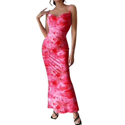 Image of Women's Spaghetti Strap Maxi Dress Floral Print Bodycon Long Dress Summer Beach Vacation Wedding Guest Outfits