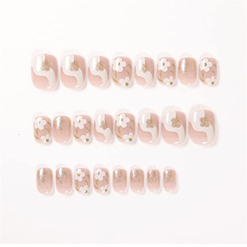 Press Nail French Tips Fake Flower Art Nails
