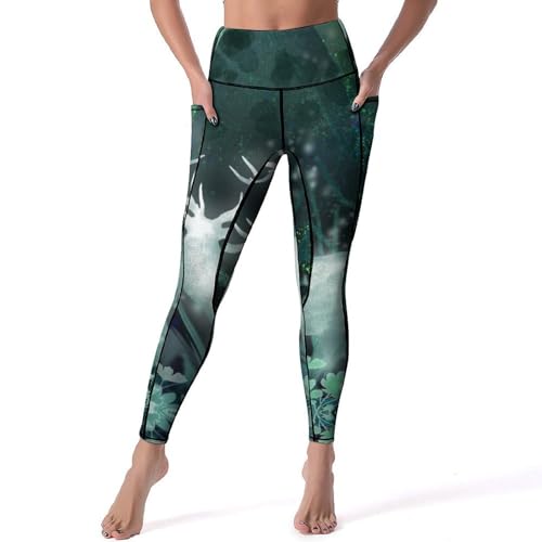 Legging yoga femmes taille haute pour gym et jogging imprimé cerf forêt S
