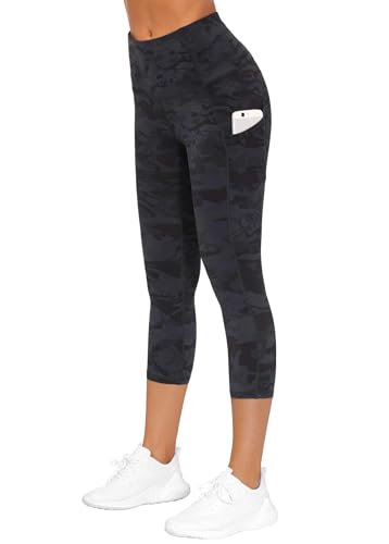Image of THE GYM PEOPLE Thick High Waist Capris Yoga Pants with Pockets, Tummy Control Workout Running Yoga Leggings for Women