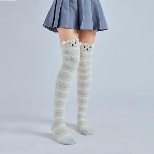 Image of Thigh High Fuzzy Socks Cute Animal Coral Fleece Over the Knee Thigh High Long Stockings Warm Stripe