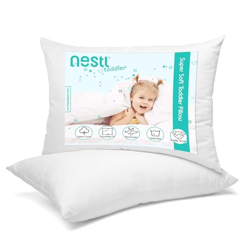 Nestl 2 Pack Toddler Pillow for Sleeping 13 x 18, Small Kids Pillow for Travel, Car, School, Nap, & Toddler Bed, Machine Washable Soft Cotton Child 2 Year Old and Up – White