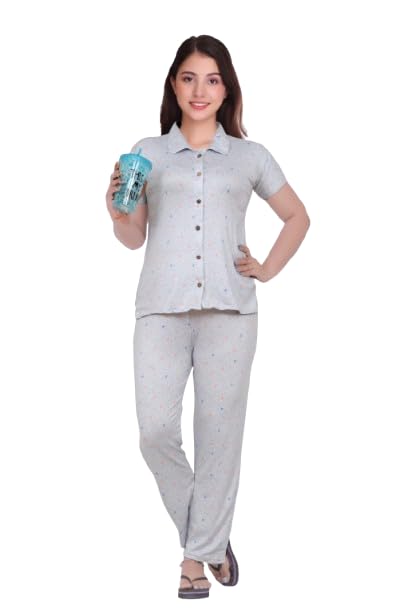 Women's Front Open Night Suit | Grey Polka Dot Print | Half Sleeve Soft & Comfortable Sleepwear-image-24