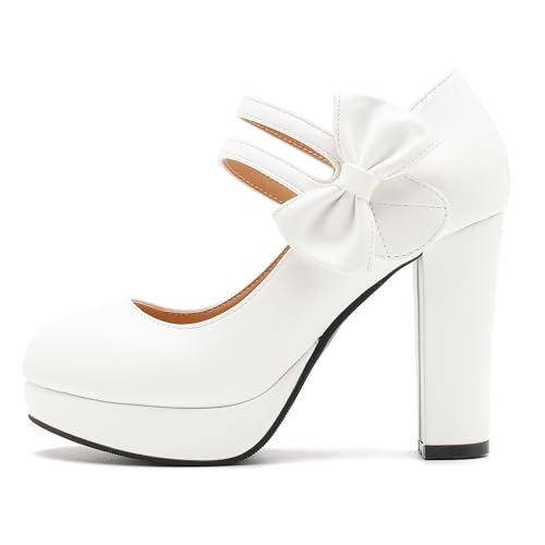 Image of MAIERNISI JESSI Women's Platform Mary Jane Pumps with Bow, 3.94 Inch Block Heel Dress Shoes