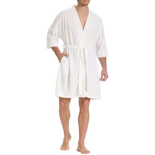 Image of SIORO Mens Waffle Knit Lightweight Robe, Short Bathrobe with Pockets & 3 /4 Sleeves, Kimono Loungewear for Summer & Spa