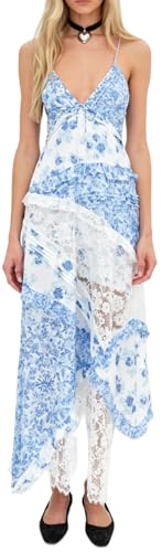 Image of Women Y2k Floral Smocked Maxi Dress Bow Tie Shoulder Tiered Ruffle Midi Sun Dress Boho Casual Beach Long Dresses