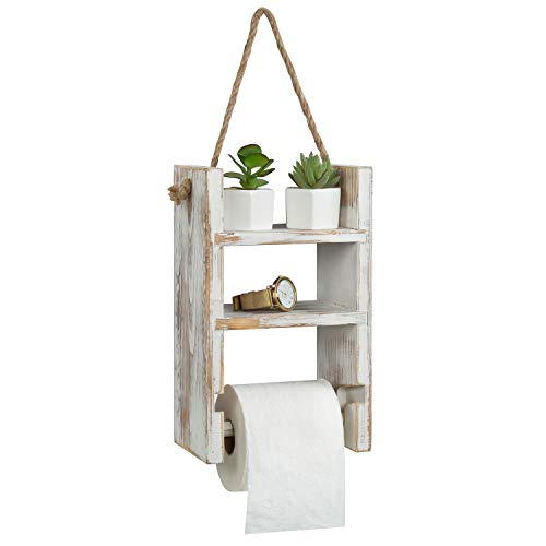 Mygift 2-Tier Hanging Whitewashed Wood Ladder Shelf And Toilet Paper Holder With Rustic Rope #TOP14