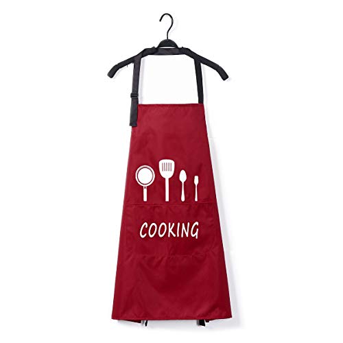 HOMVILLA Delantal Cocina Cocina Impermeable, Delantal de chef ajustable con bolsillos para el hogar, restaurante, artesanía, jardín, barbacoa, escuela, cafetería y delantal para hombres, mujeres(rojo)