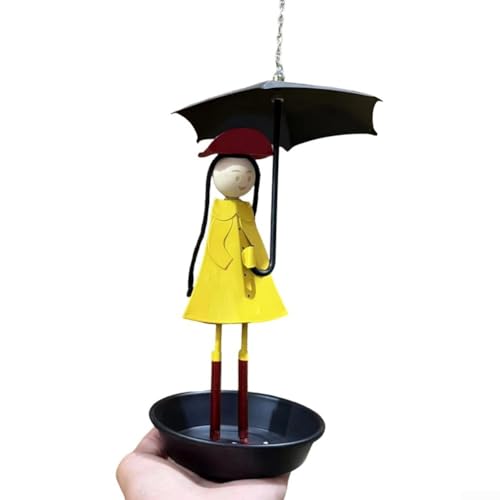 Marchfunny Comedero de hierro para colibríes al aire libre con cadena de metal colgante, bandeja grande para alimentar a múltiples pájaros, diseño decorativo de niña y paraguas, resistente a la