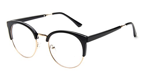 BOZEVON Occhiali Trasparenti con Lenti Chiaro - Occhiali da Lettura con Montatura in Metallo Rotondi Ultrasottile Decorativo Occhiali da Vista Retro Eyewear Per Uomo Donna Nero brillante (Mezza montat