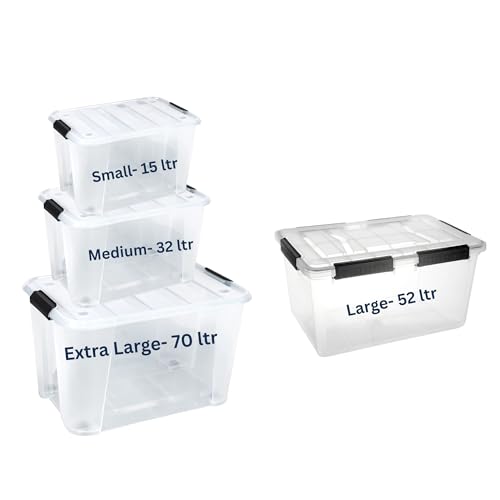 Image of Clear Heavy Duty Bulk Storage Container with Lids | Stackable Plastic Bins with Handles & Rolling Wheels | BPA-Free, Multi-Purpose for Kitchen, Pantry, Office (4, Combo Pack of 4)