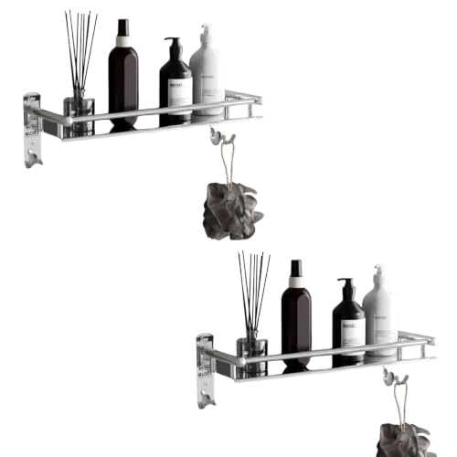Image of GLOXY Premium Combo Pack of 2 Stainless Steel Single Shelf Wall Mount with Multipurpose Hooks - Chrome Finished Bathroom Stand Shelf Bathroom Fittings Accessories Set for Home, Office & Hotels