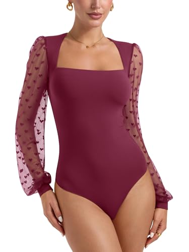 Image of PINKMSTYLE Women's Square Neck Double Lined Mesh Long Sleeve Bodysuits