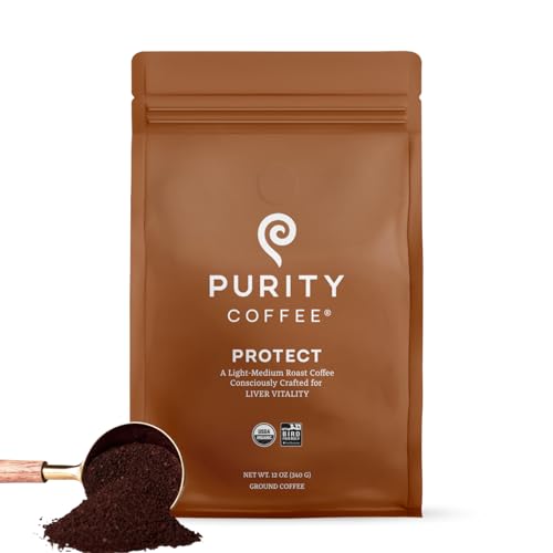 Purity Coffee PROTECT Light-Medium Roast Ground Coffee for Liver Vitality - USDA Organic and Third-Party Tested for Antioxidants, Mold, Mycotoxins and Pesticides - 12oz