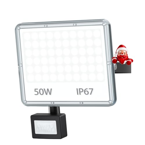 TOPAUBUB LED-spot met Bewegingsmelder Buiten, 50W, 5000LM, 6500K Koelwit, IP66 Waterdichte, voor Tuin, Garage, Erf, 1 Stuk