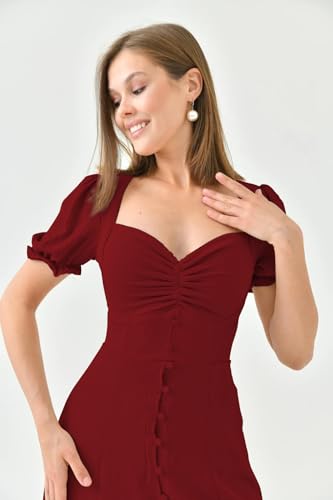 Image of Shasmi Girl's & Women's Solid Midi Dress - Elegant Square Neck Button-Down Dress with Puff Short Sleeves | Stylish Casual & Party & Office Wear Outfit (Dress 105)