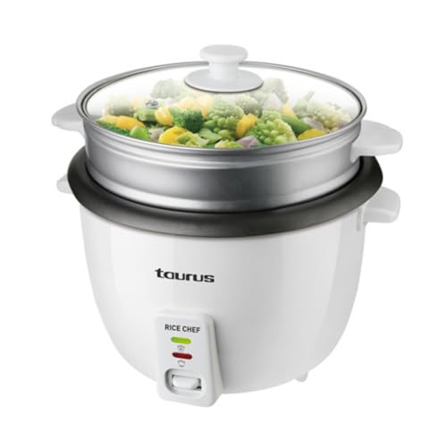 Taurus Rice Chef - Arrocera. 700W. Capacidad 1.8L. Revestimiento antiadherente. Función de cocción y mantenimiento del calor. Accesorio cocción al vapor. Blanco