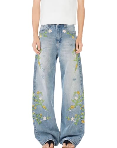 Y2k Vintage Vine Floral Embroidery Harajuku Baggy Jeans Hiphop Streetwear Grunge Ripped Loose Casual Cowboy Denim Pants