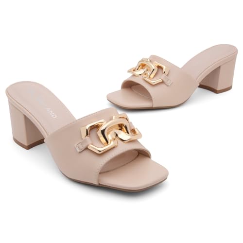 Image of Shoe Land Women's Low Block Heels 2025 - Square Open Toe Slip-On Mules with Metal Chain, Comfortable Chunky Dressy Heeled Slides for Wedding, Office, Party & Everyday Wear