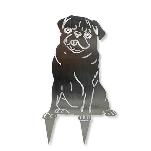 ARTTEC Hund Mops – Edelstahl Gartendeko Stecker – wetterfeste Metallfigur für Garten & Terrasse – Deko Hund aus rostfreiem Stahl – B 20 x H 27 cm