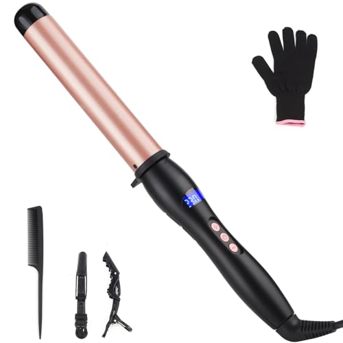 Hair Curling Wand, 32mm Curling Iron, Professional Ceramic Hair Curler Wand Big Curls Adjustable Digital Temperature, Dual Voltage, Auto Shut-Off (no Fixing Clip)