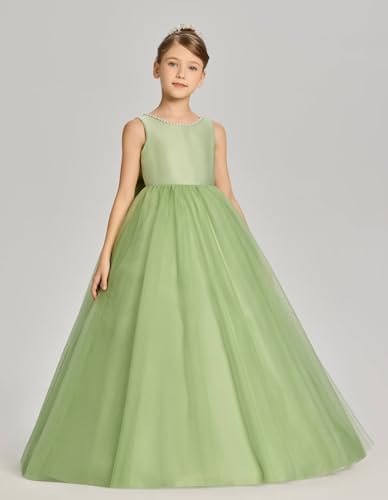 Flower Girls Dress for Wedding Satin Tulle Pageant First Communion Dress Pearls Ball Gown with Bow-Knot3