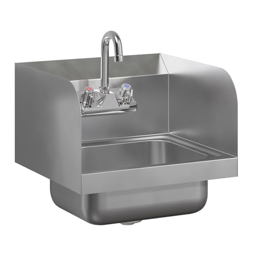 Image of 15 in. x 15 3 /4 in. NSF Certified Stainless Steel Hand Sink with Side Splash Guards- Commercial Wall Mount Hand Basin with Faucet. Ideal for Restaurants, Bars, Kitchens, and Stores