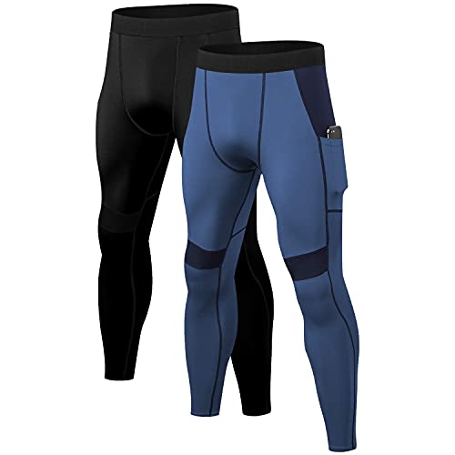 2 Pack Mens Compression Pants Football Running Tights with Pockets Workout Active Dry Fit Yoga Gym Sports Base Layer