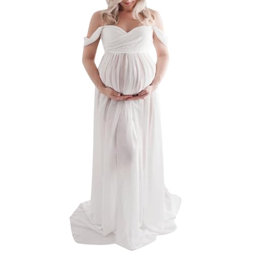 vewoza Vestido de maternidad para fotografía, de gasa, con hombros descubiertos, elegante, con abertura frontal, vestidos largos de embarazo para sesión de fotos, A-blanco, M