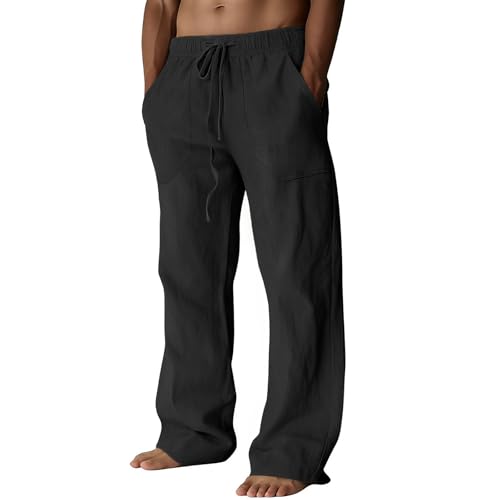 Puimentiua Cotton Linen Pants Men Casual Loose Fit Elastic Drawstring Waist Summer Beach Pants(Black M)