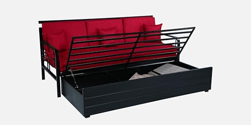Image of 3 Seater Metal Sofa Cum Bed with Hydraulic Storage | Sofa Set for, Living Room, Guest Room, Bedroom| Single Size Convertible Sofa Bed Comfortable Seating |Single Size (Red & Black)