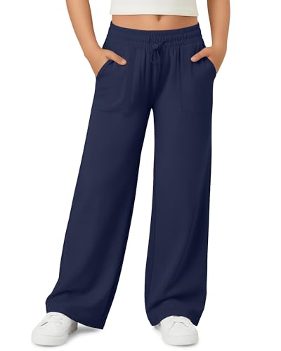 LessonZoo Girls Sweatpants Wide Leg Casual Kids Drawstring Pants Baggy Athletic Loose Solid Teen Jogger Pants with Pockets(7-8 Years Navy Blue)