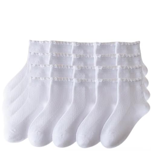 Girls Socks 10 Pairs Ankle Socks Preppy Cute White Breathable Cotton Warm Sock Comfy Ruffle Laced Dress Uniform Sock