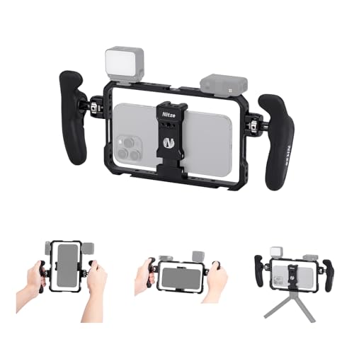 Nitze Téléphone Vidéo Stabilisateur, Cage de Téléphone avec Poignées Latérales, Smartphone Vidéo Cage Universelle pour iPhone 17/16/15 Pro Max/Samsung Galaxy S25 Ultra - T-MP01B