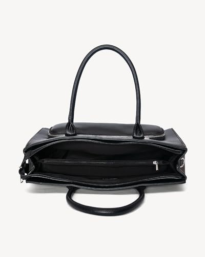 Image of NEWBELLA Women's Vegan Leather Tote Bag with Multiple Pockets and Push-Lock Closure, Black