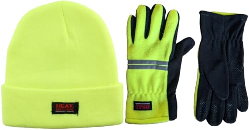 Bonnet haute visibilité Heat Machine et gants jaunes pour chantiers en hiver