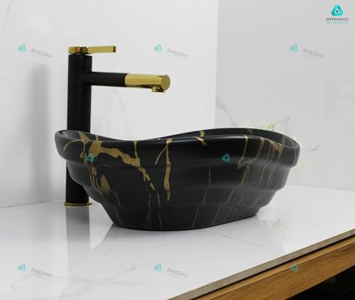 Image of BASSINO 18x14x6 Inches Ceramic Counter Top Wash Basin /1 Year Glazing Warranty /Designer Black Basin for Bathroom with Brown Veins /Tabletop Washbasin for Dining Hall /Living Room(Matt Marble Finish)