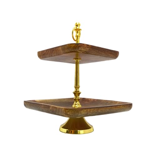Image of 2-Tier Wooden Dessert Stand with Gold Metal Frame - Elegant Square Tray Display for Cakes, Cupcakes, Pastries - Perfect for Parties, Weddings