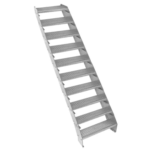 Verzinkter Stahl Treppe 10 Stufen | Erweiterbar mit zusätzlicher Gitterrost-Stufen & Höhenverstellbar | Wetterfest, Robust & Modular | für Außen Garten Terrasse | GRATIS Befestigungssatz [60cm breit]