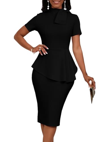 Image of WanMem Women Formal Bodycon Peplum Cocktail Dress Short Sleeve Bow Ruffle Pencil Party Midi Dresses