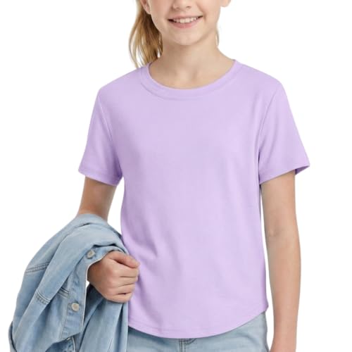 Image of WELAKEN Girls Soft T-Shirt with Curved Hem, Breathable Stretchy Rayon Crewneck Short Sleeve Tees, Kids Everyday Basic Top