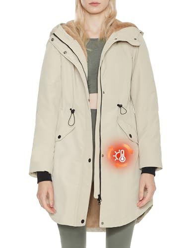 ELEZAY Women's Winter Coat Fleece Lined Parka Jacket with Hood Mid Length Warm Casual Jacket Beige S