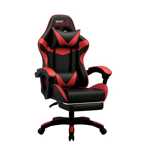RMF Silla Gaming Profesional Ergonómica Reclinable, Sillón Gaming de Asiento Cómodo y Relajante con Reposapiés - Silla para Gamer con Ruedas Giratorias, Altura Ajustable Rojo/Negro