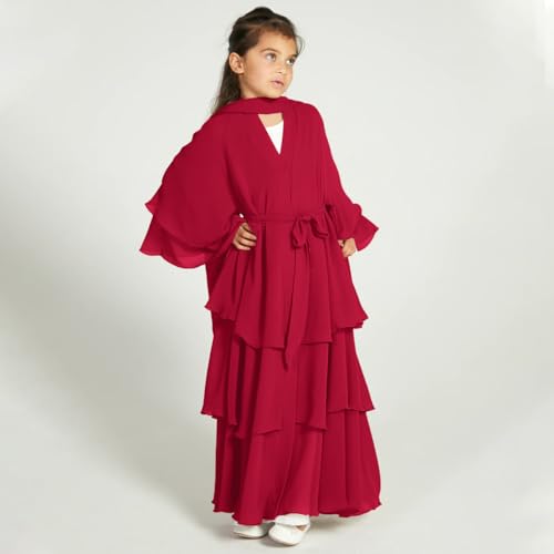 Girls Muslim Dress Chiffon Kaftan Maxi Dress Cardigan Robe Islamic Modest Hijab Dress for Girls Prayer Abaya Dress Muslim Ramadan Prayer Clothes Kids Arabian Abaya Dress Muslim Robe Red 7-8 Years2