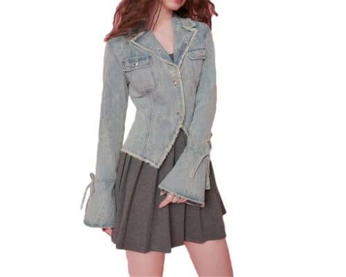 Vsadsau Women's Denim Blazer Retro Slim Fit Long Sleeve Lapel Solid Color Casual Jean Coat
