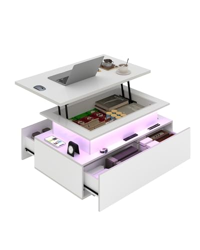 Amveya Table Basse Salon Relevable Blanche, Table de Salon Relevable Moderne Design avec 2 tiroirs et 1 Espace caché, Coffee Table avec Effet de lumière Multicolore