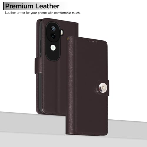 Image of Pikkme Flip Cover Leather Finish | Inside TPU with Card Pockets | Wallet Stand and Shock Proof | Complete Protection Button Flip Case for Vivo V40e 5G / iQOO Z9s 5G(Coffee)