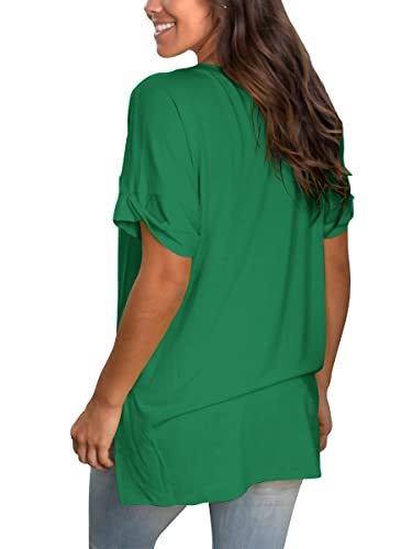 Image of Sampeel Women's V Neck T Shirts Casual Rolled Short Sleeve Side Split Summer Tops Loose Fit